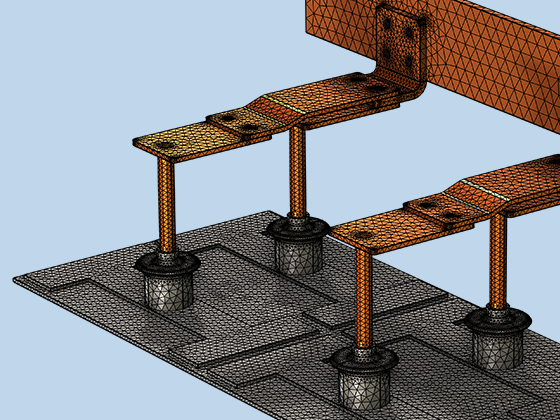 A closeup view of a busbar assembly model showing the mesh.